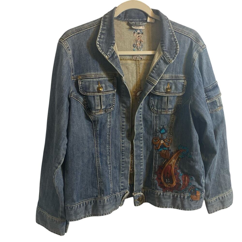 Chico's Embroidered open style  Denim Jacket in Blue with Multicolor Accent